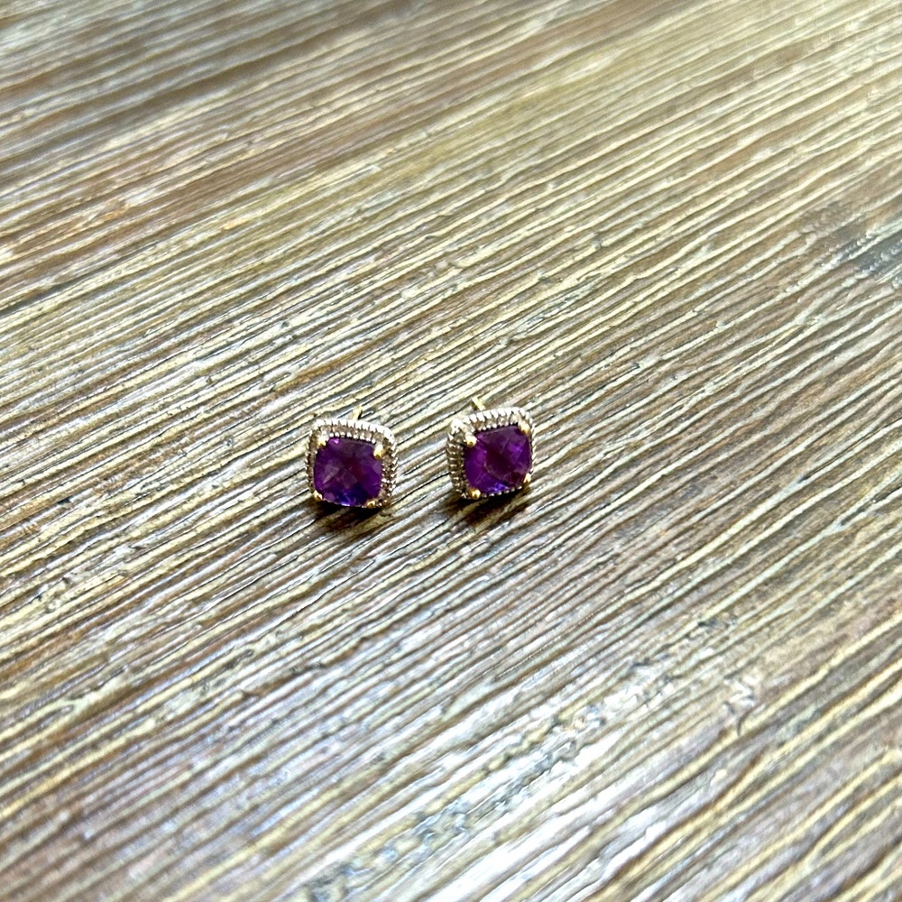 Garnet amethyst Diamond cushion earrings in 14k gold